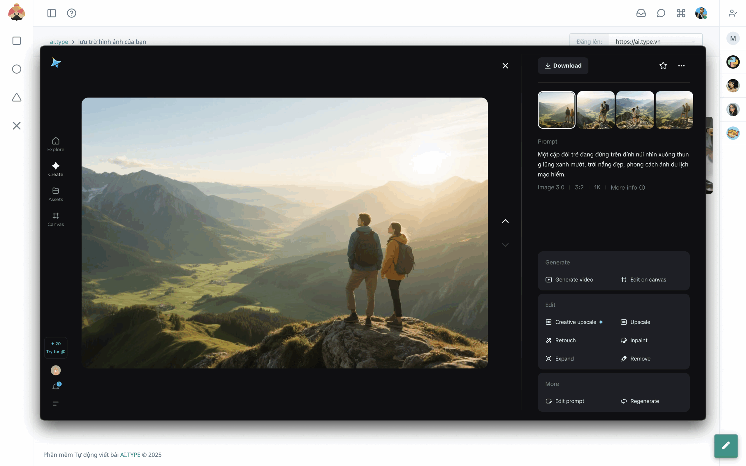 Một cặp đôi trẻ đang đứng trên đỉnh núi nhìn xuống thung lũng xanh mướt, trời nắng đẹp, phong cách ảnh du lịch mạo hiểm