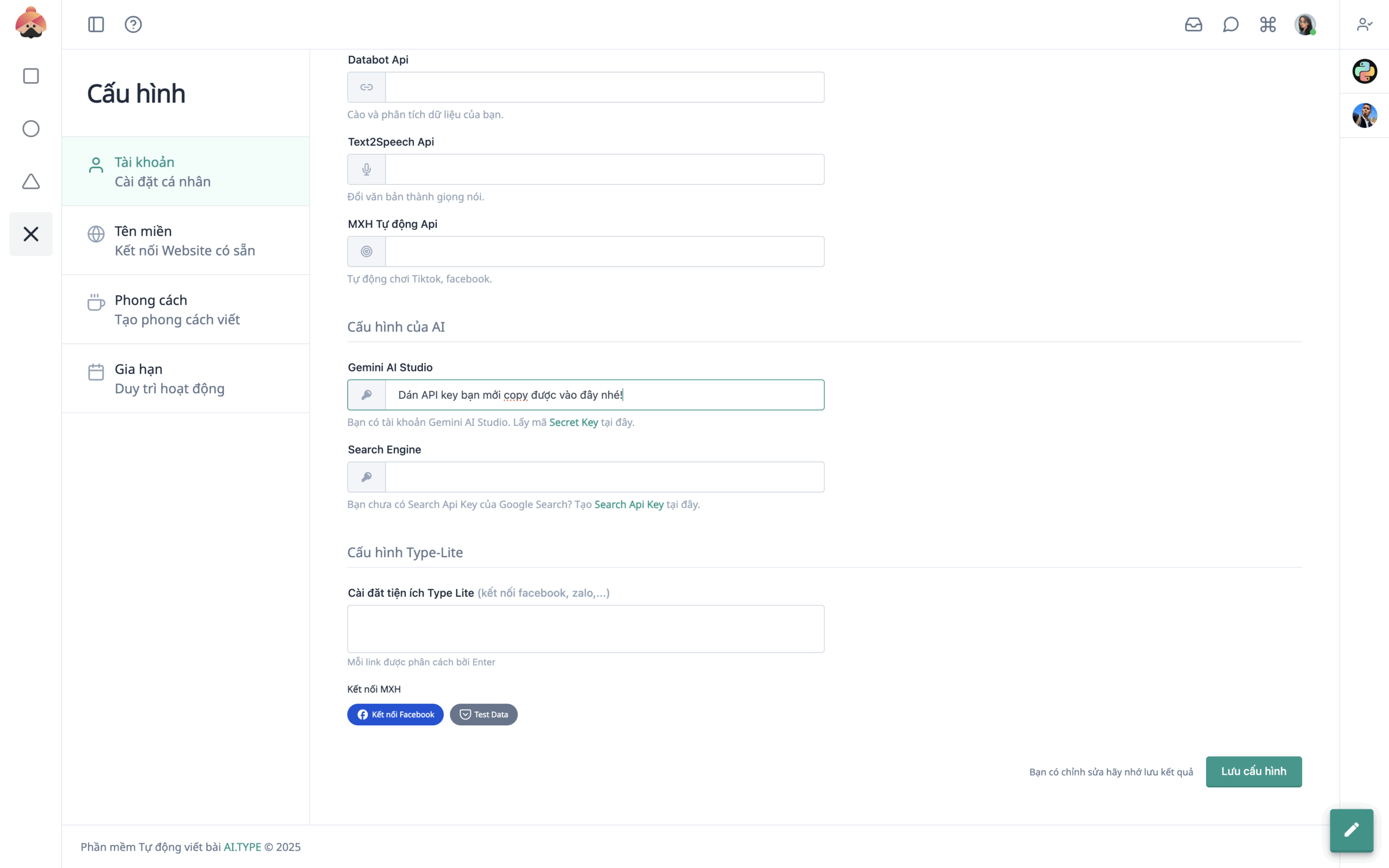 dán API key mà bạn vừa sao chép vào Gemini AI Studio